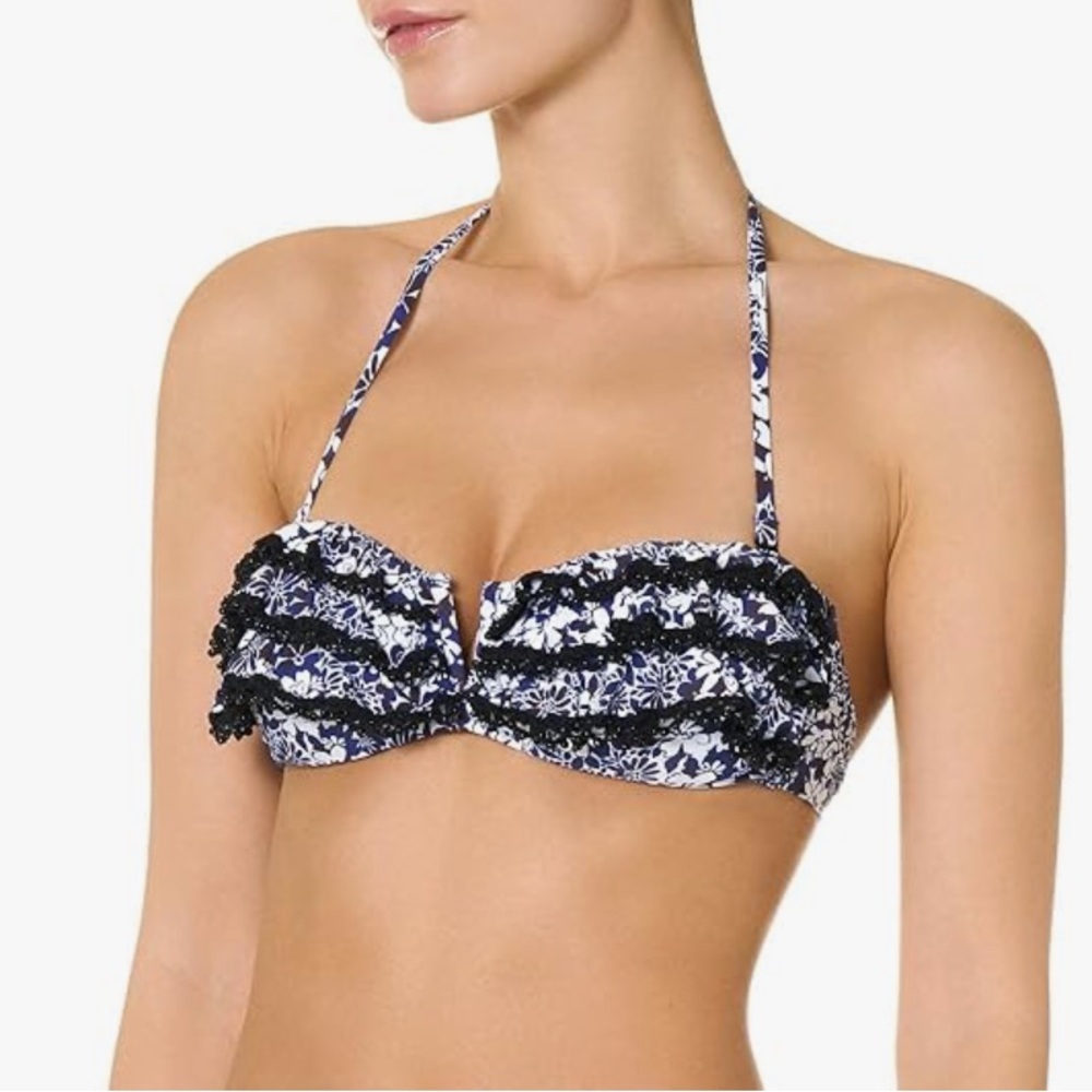Goldenpoint Badeanzug Bandeau-BH V-Schnitt Riviera Bikini Top Blue M Lace Beads